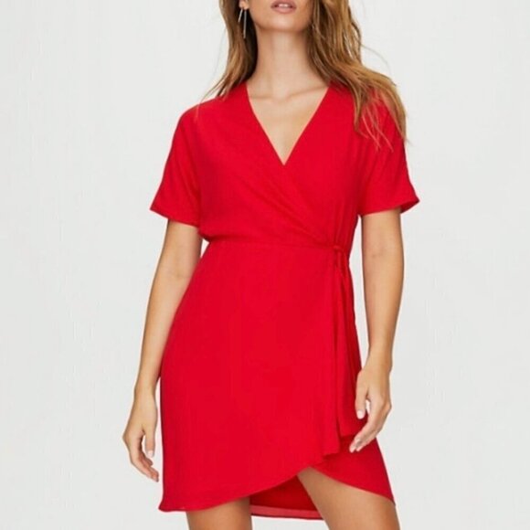 Babaton Aritzia Wallace V-Neck Short Sleeve Crossover Wrap Mini Dress Red Small - Picture 1 of 10